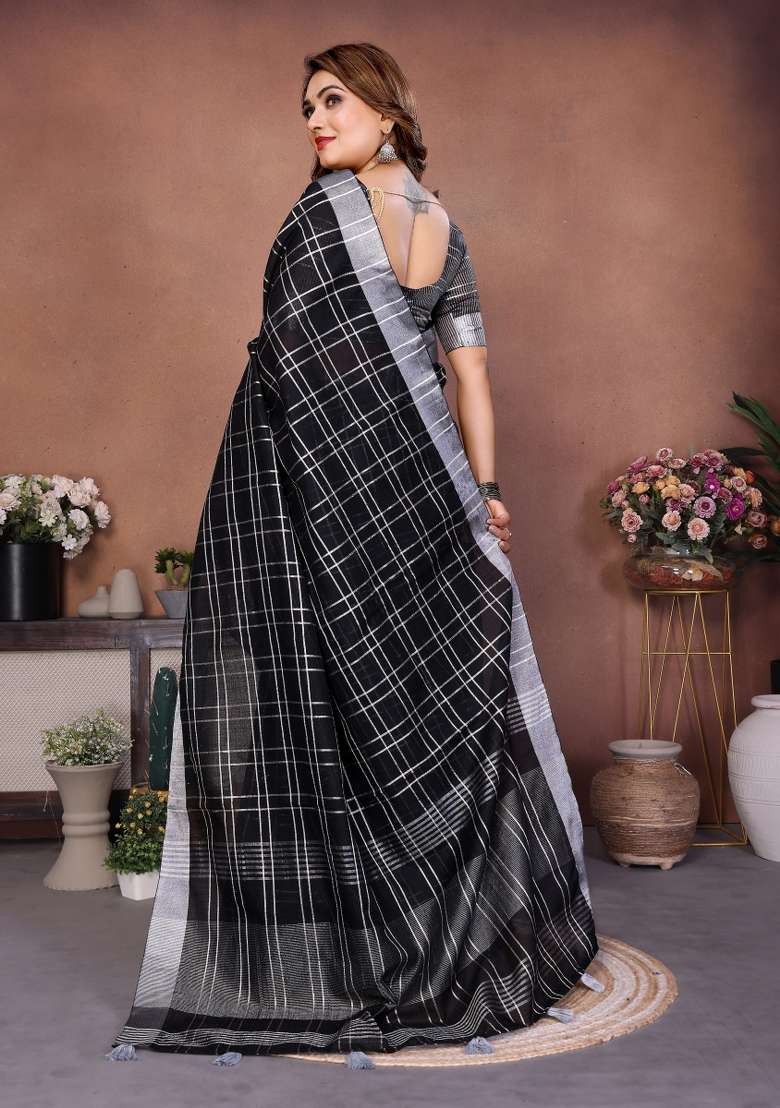 Black Weaving Linen Saree Set - Indya