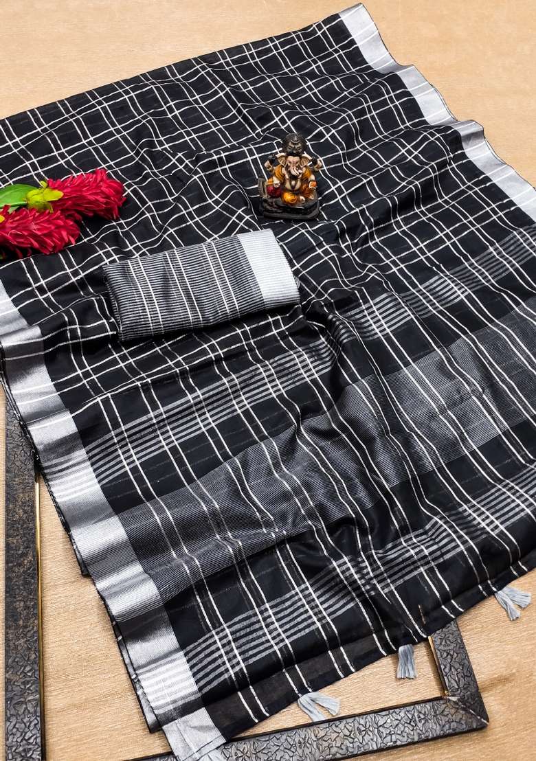 Black Weaving Linen Saree Set - Indya