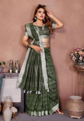 Green Weaving Linen Saree Set
