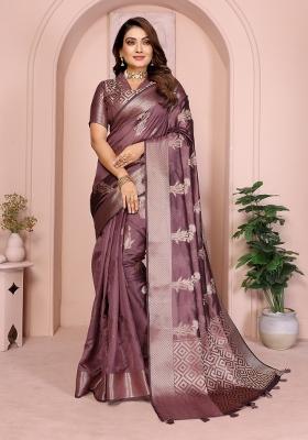 Wine Embroidery Silk Saree Set