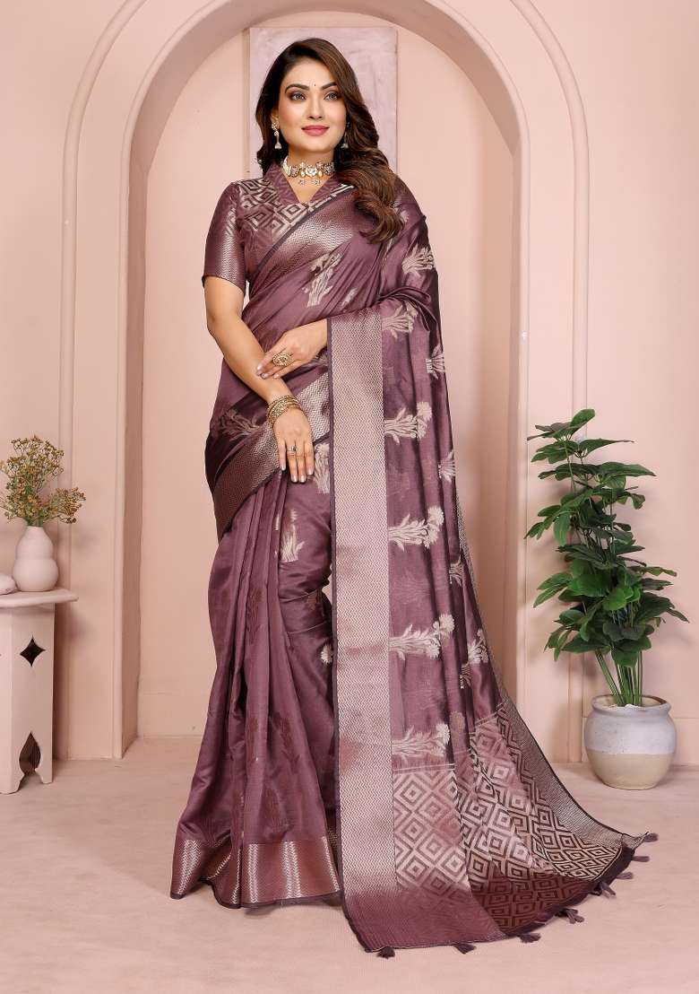 Wine Embroidery Silk Saree Set - Indya