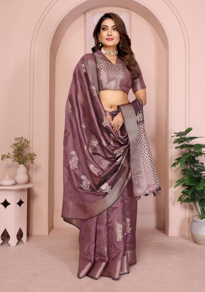 Wine Embroidery Silk Saree Set - Indya
