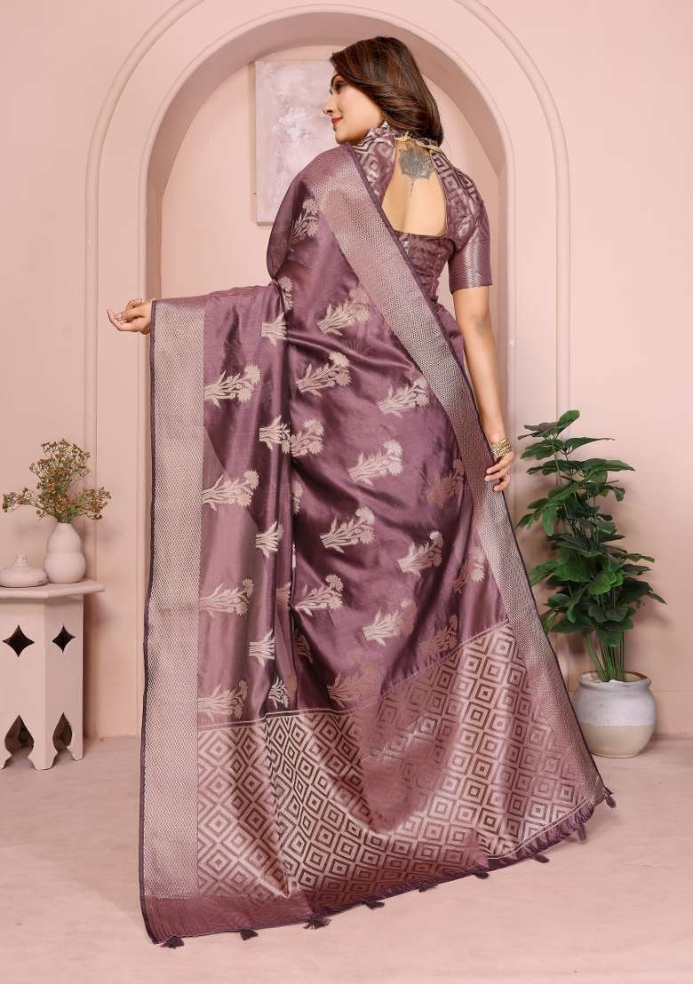 Wine Embroidery Silk Saree Set - Indya