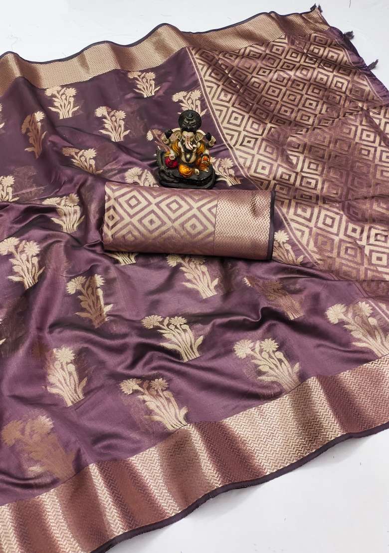 Wine Embroidery Silk Saree Set - Indya