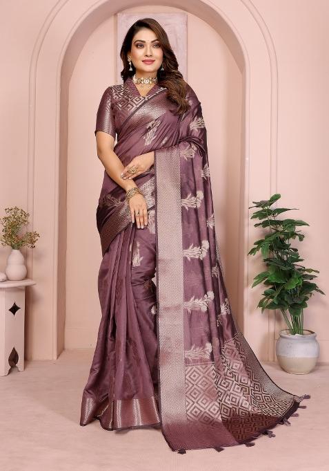 Wine Embroidery Silk Saree Set