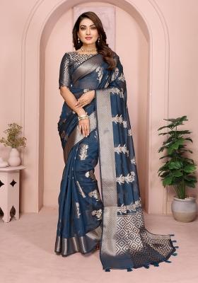 Navy Embroidery Silk Saree Set