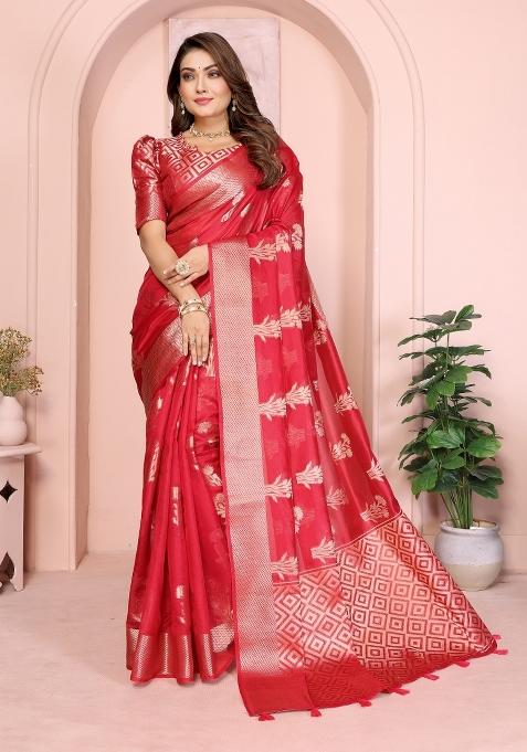 Red Embroidery Silk Saree Set