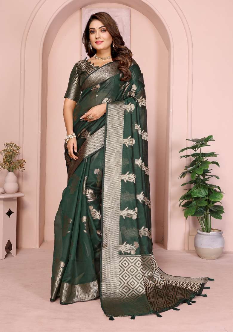 Green Embroidery Silk Saree Set - Indya