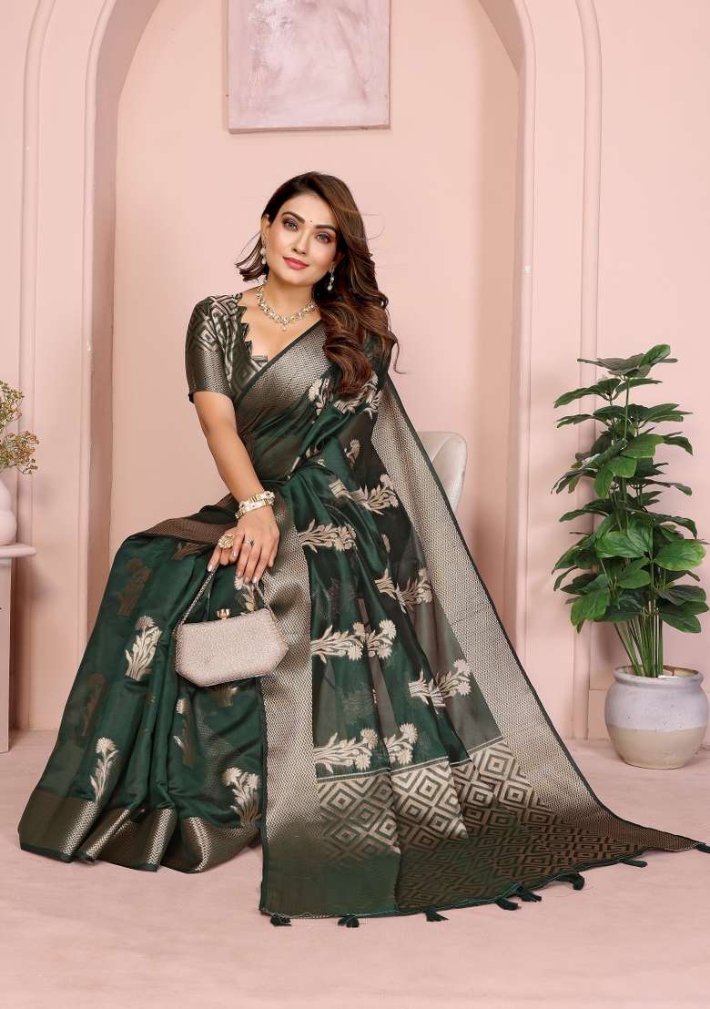 Green Embroidery Silk Saree Set - Indya