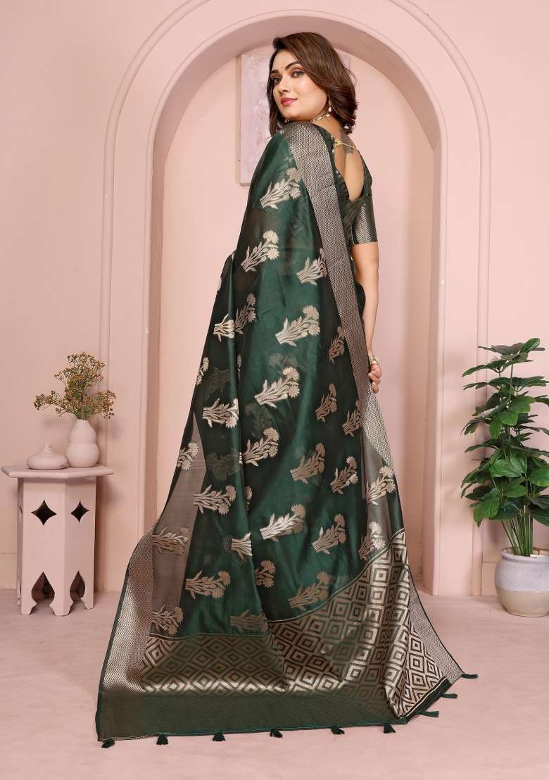 Green Embroidery Silk Saree Set - Indya