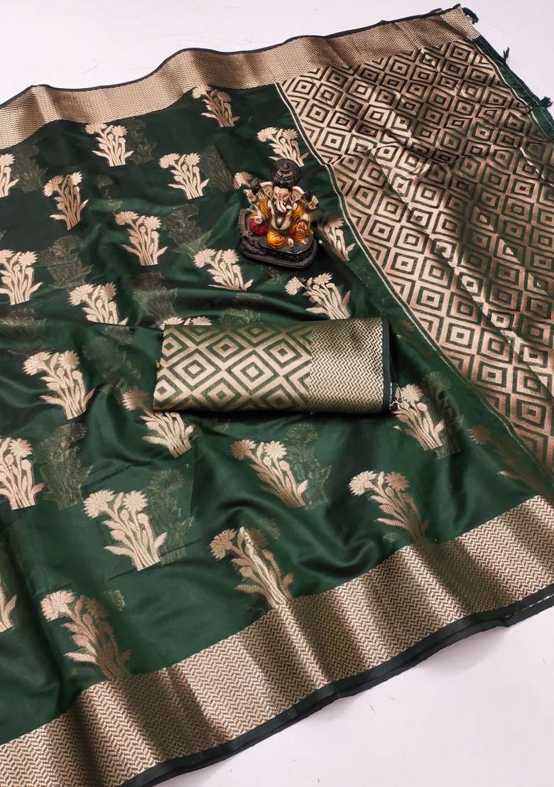 Green Embroidery Silk Saree Set - Indya