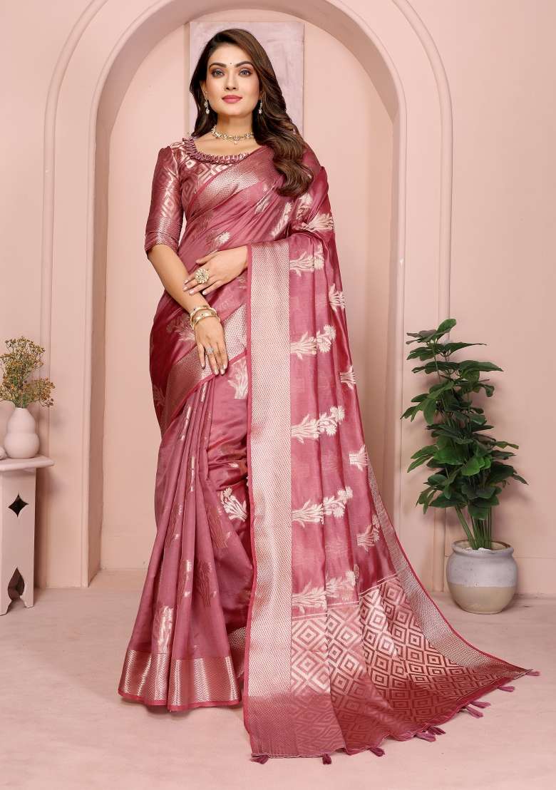 Pink Embroidery Silk Saree Set - Indya