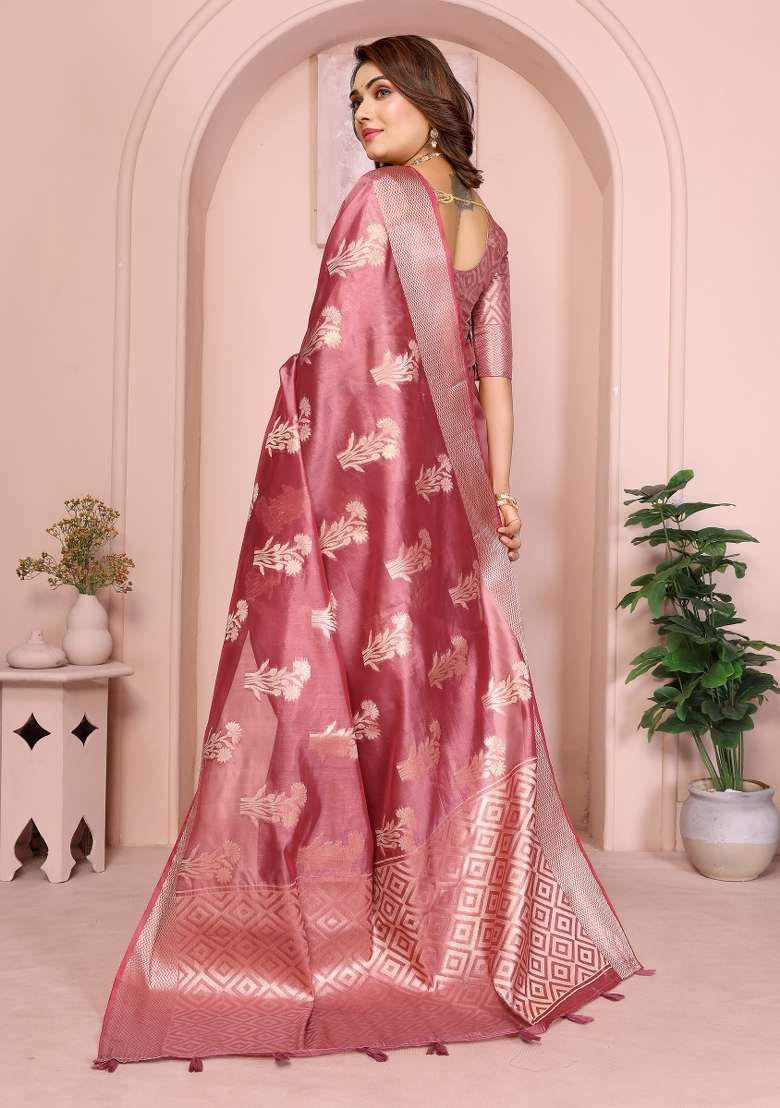 Pink Embroidery Silk Saree Set - Indya