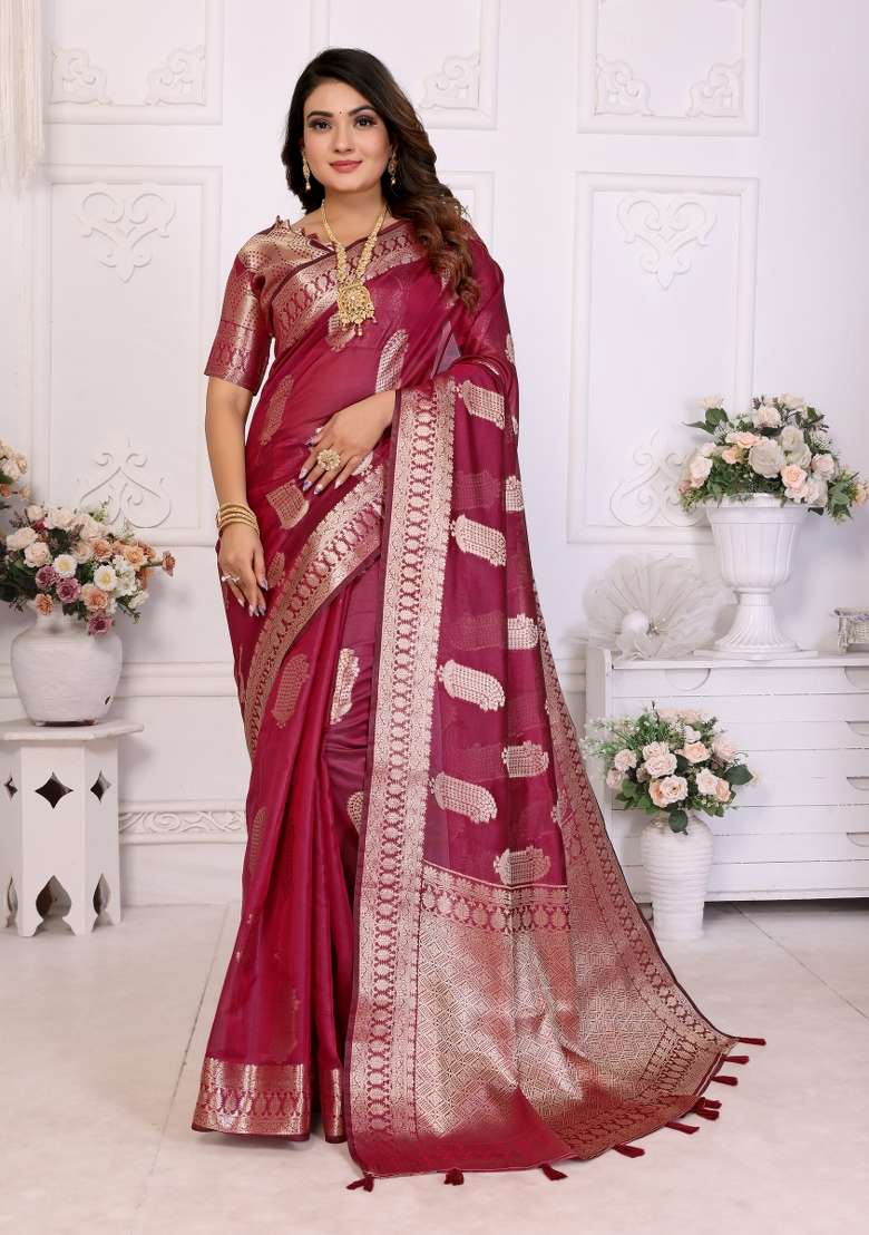 Wine Embroidery Silk Saree Set - Indya