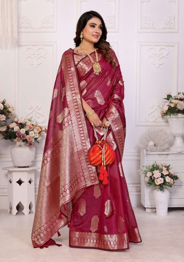 Wine Embroidery Silk Saree Set - Indya