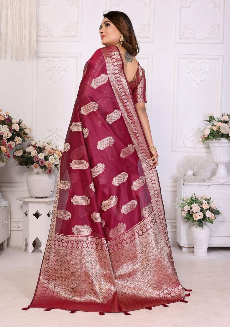 Wine Embroidery Silk Saree Set - Indya