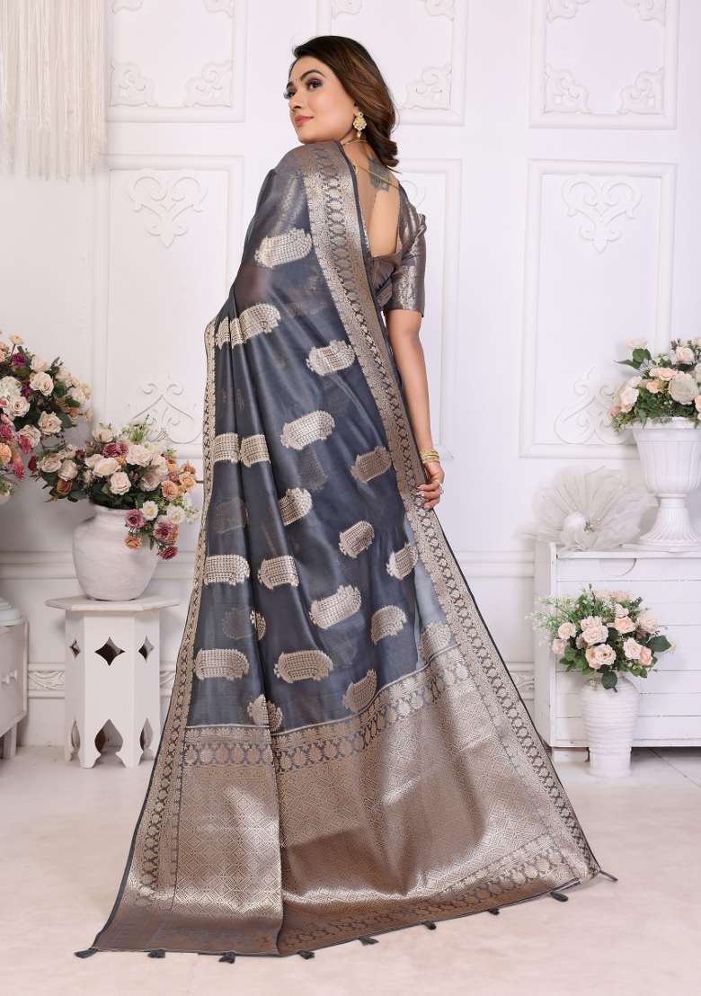 Grey Embroidery Silk Saree Set - Indya