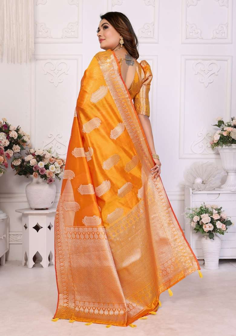 Yellow Embroidery Silk Saree Set - Indya