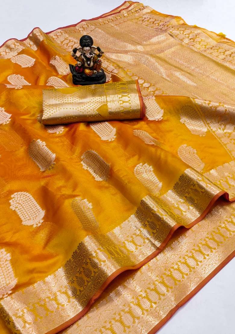 Yellow Embroidery Silk Saree Set - Indya