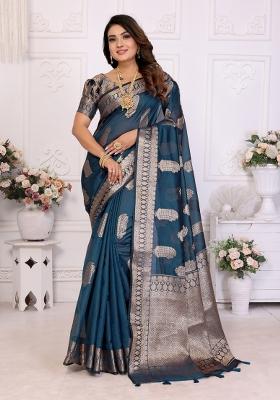 Navy Embroidery Silk Saree Set