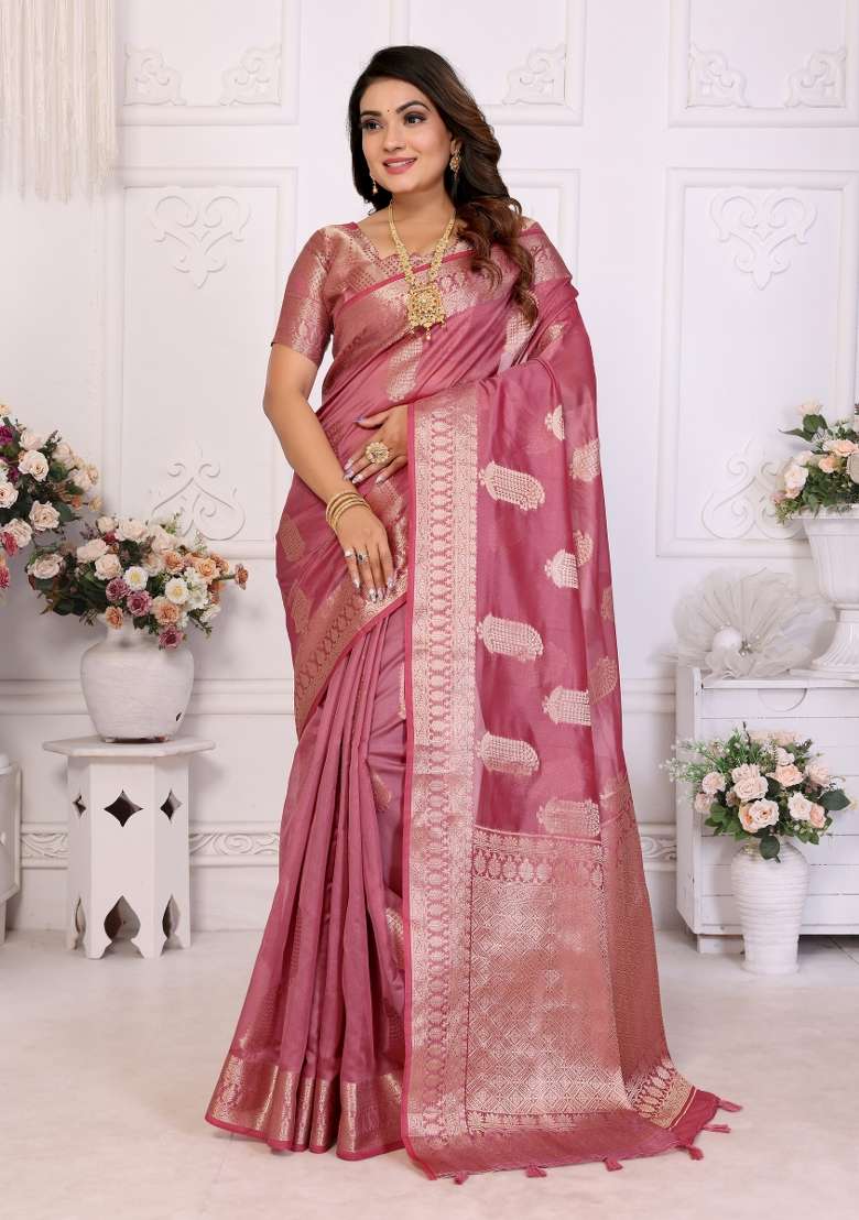Pink Embroidery Silk Saree Set - Indya