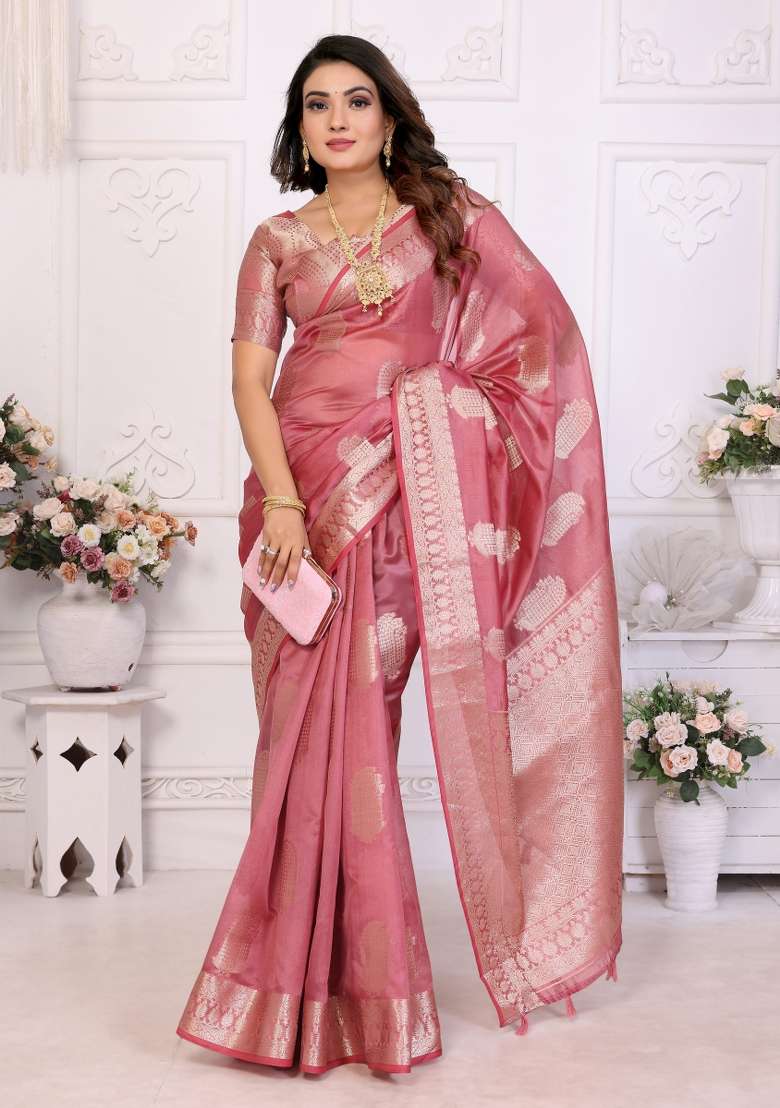 Pink Embroidery Silk Saree Set - Indya