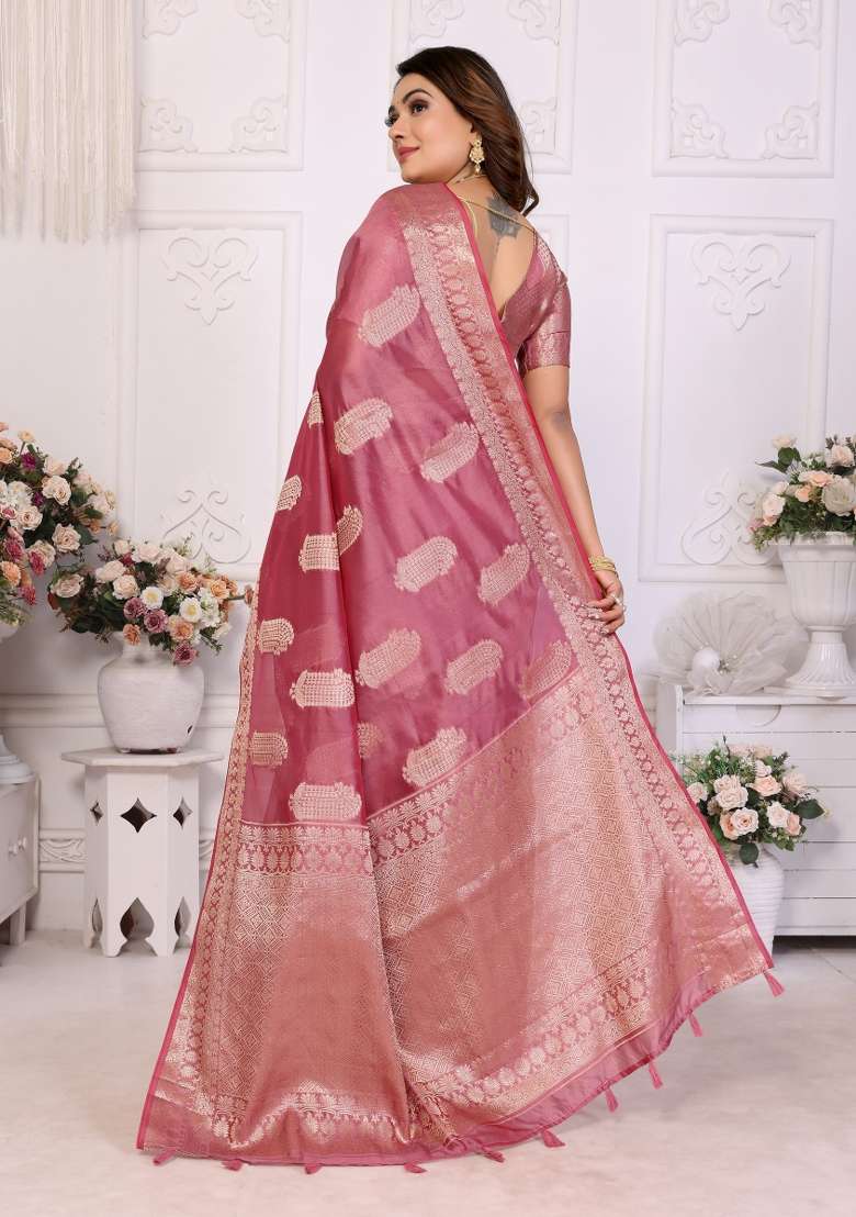 Pink Embroidery Silk Saree Set - Indya