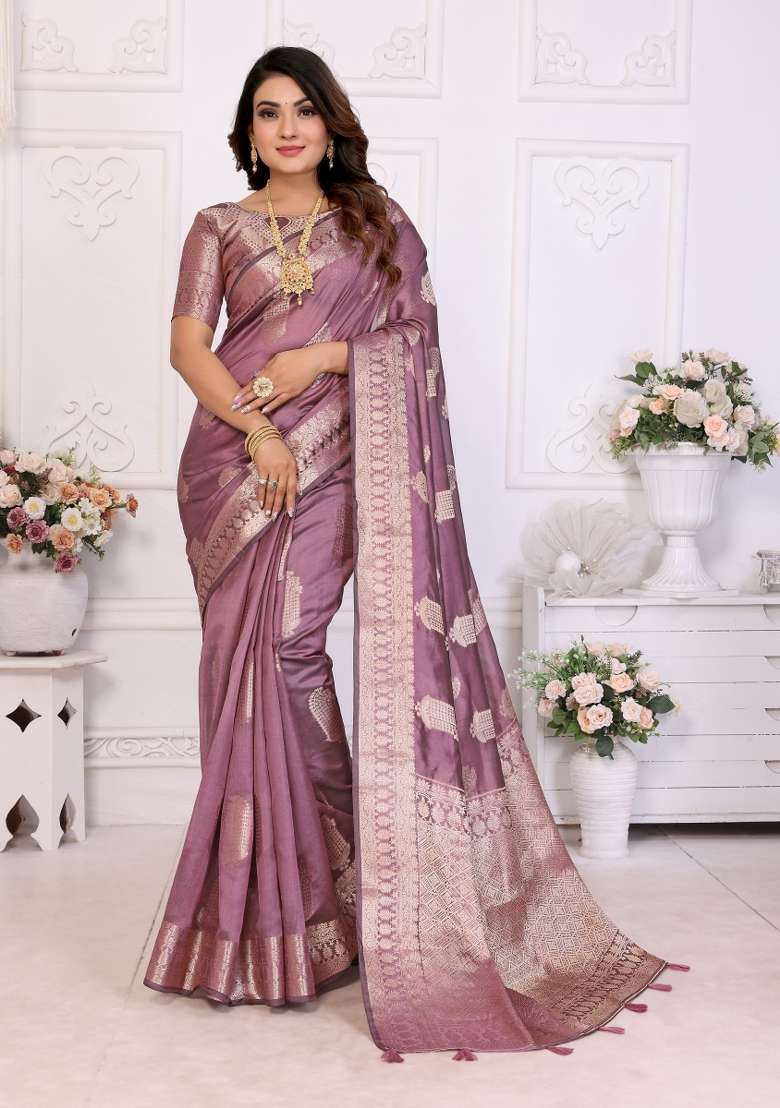 Purple Embroidery Silk Saree Set - Indya