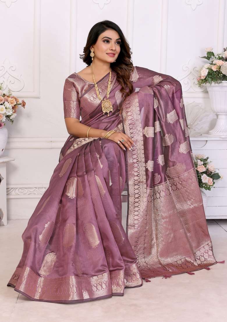 Purple Embroidery Silk Saree Set - Indya