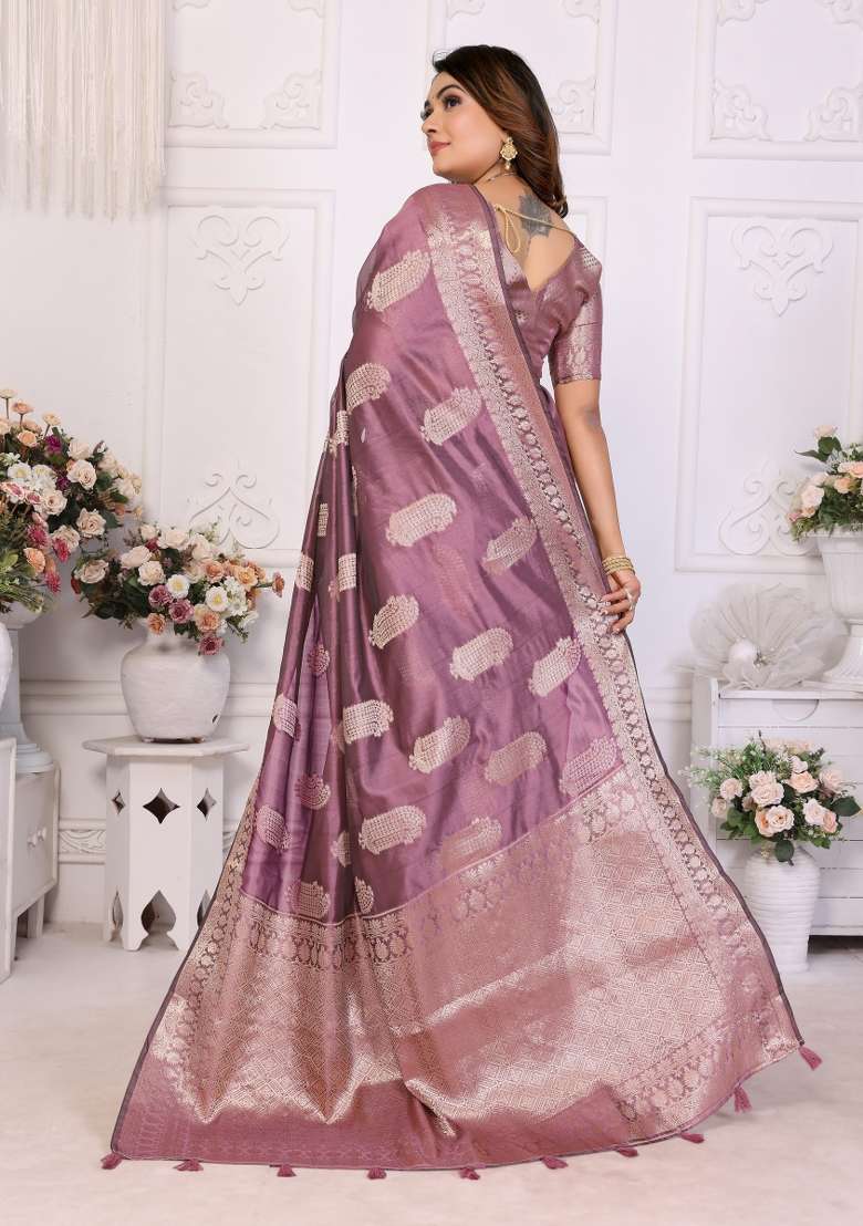 Purple Embroidery Silk Saree Set - Indya