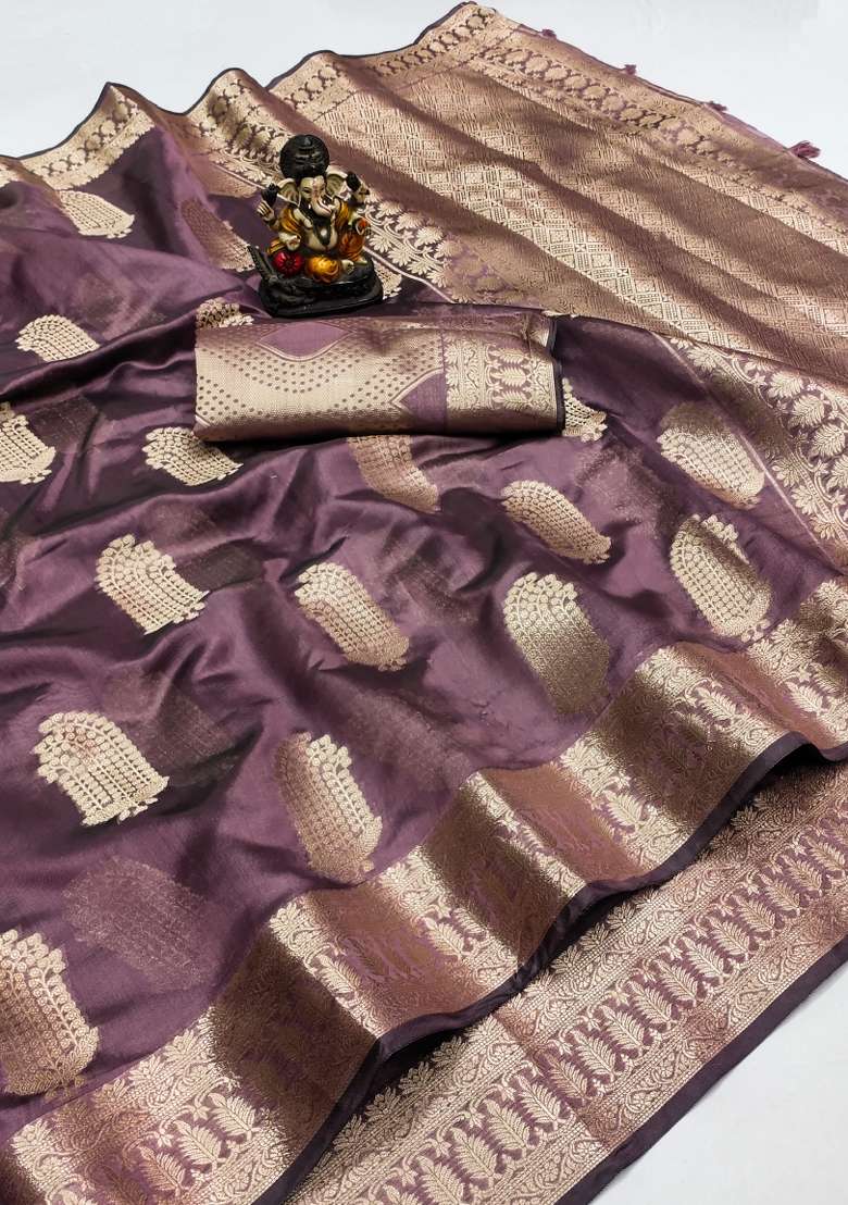 Purple Embroidery Silk Saree Set - Indya
