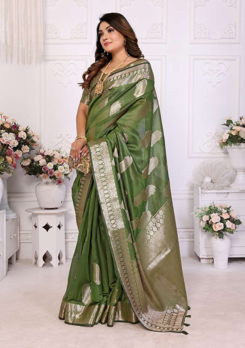 Green Embroidery Silk Saree Set - Indya