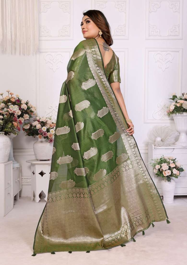 Green Embroidery Silk Saree Set - Indya