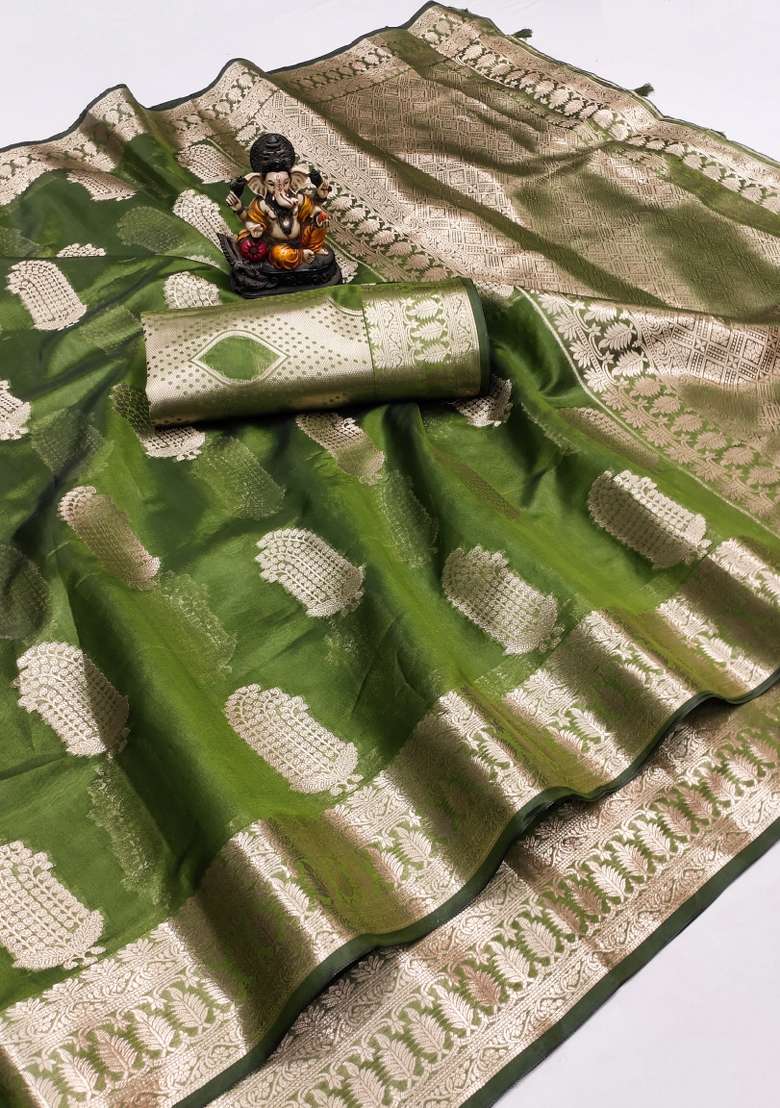 Green Embroidery Silk Saree Set - Indya