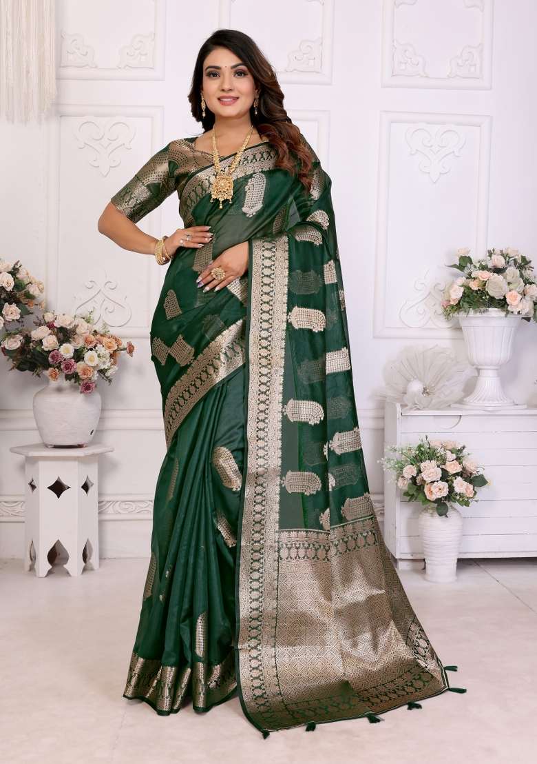 Sea Green Embroidery Silk Saree Set - Indya