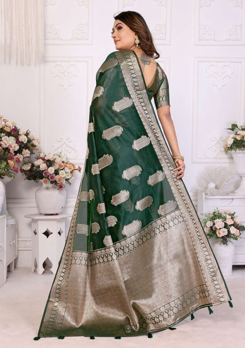 Sea Green Embroidery Silk Saree Set - Indya
