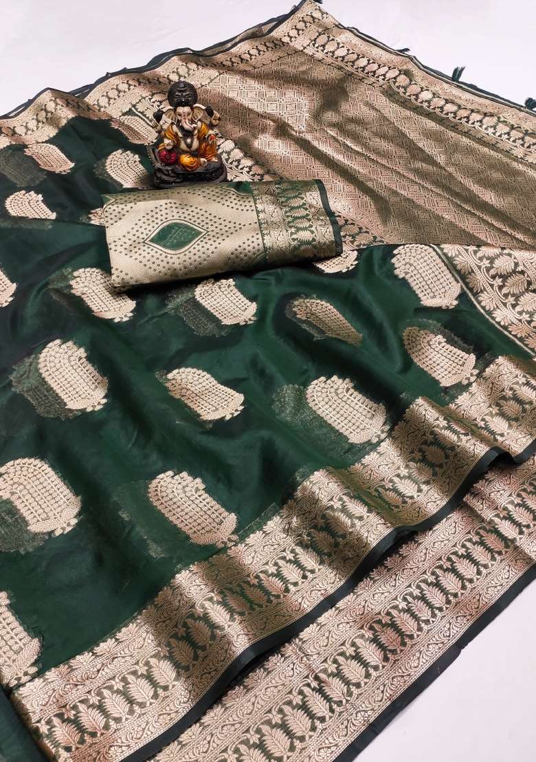 Sea Green Embroidery Silk Saree Set - Indya