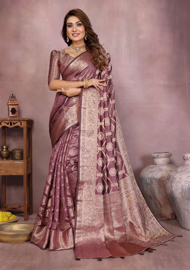 Wine Embroidery Silk Saree Set - Indya
