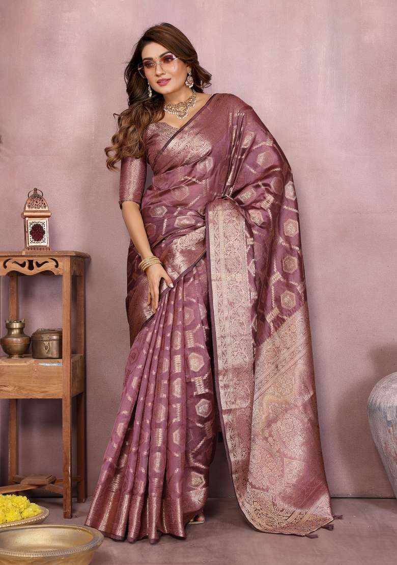 Wine Embroidery Silk Saree Set - Indya