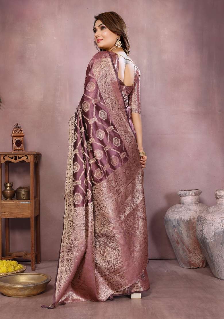 Wine Embroidery Silk Saree Set - Indya
