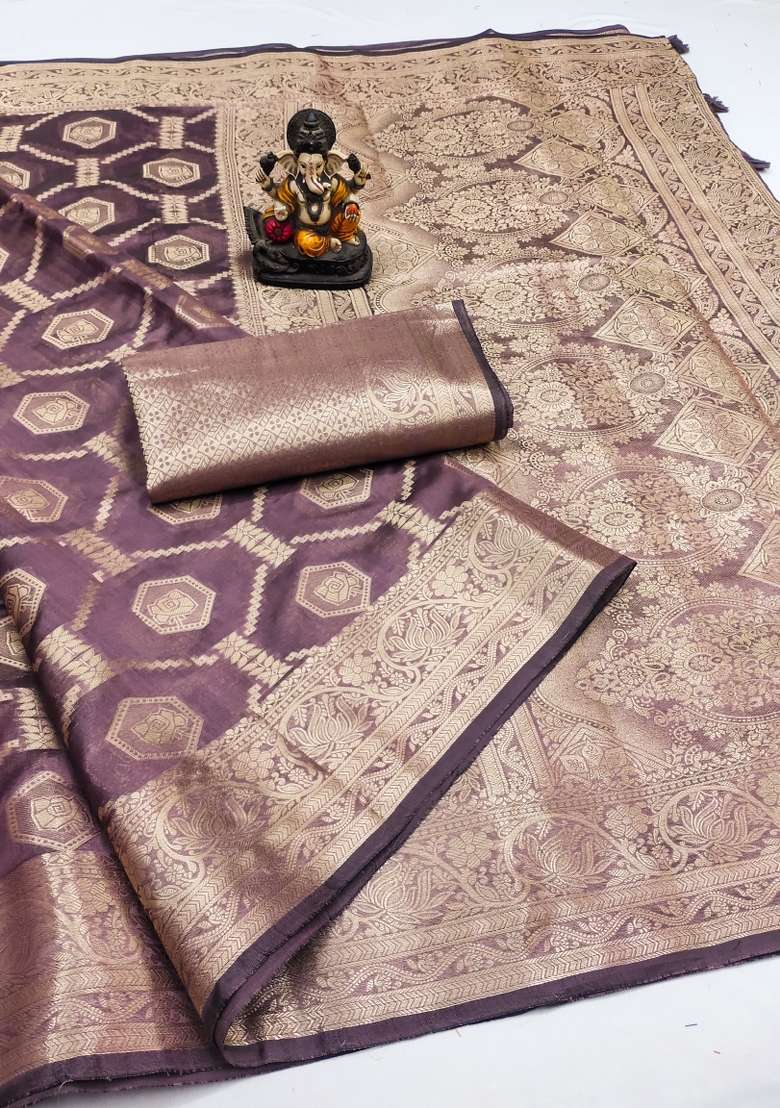 Wine Embroidery Silk Saree Set - Indya