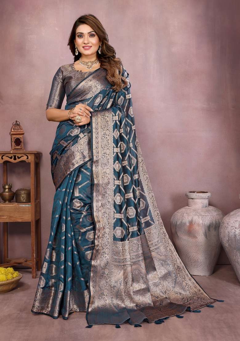 Navy Embroidery Silk Saree Set - Indya