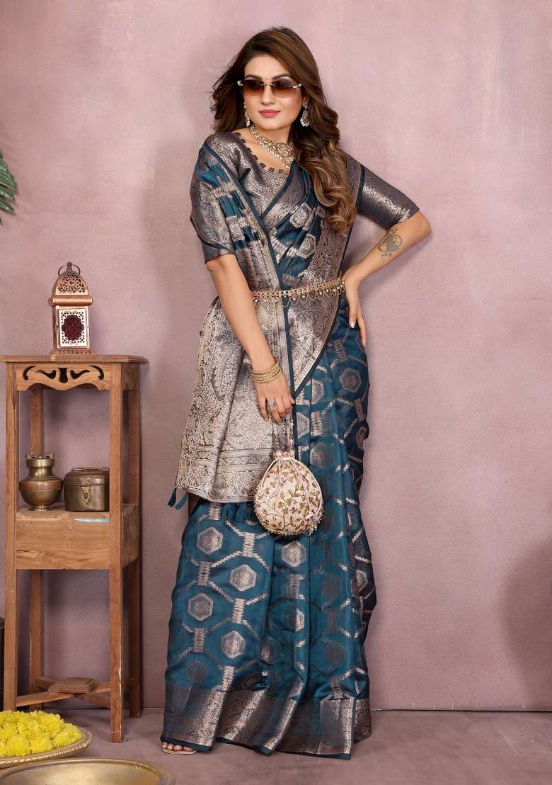 Navy Embroidery Silk Saree Set - Indya