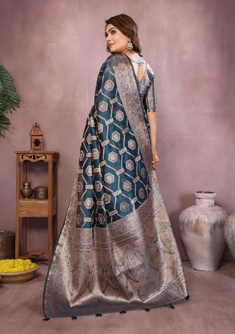 Navy Embroidery Silk Saree Set - Indya