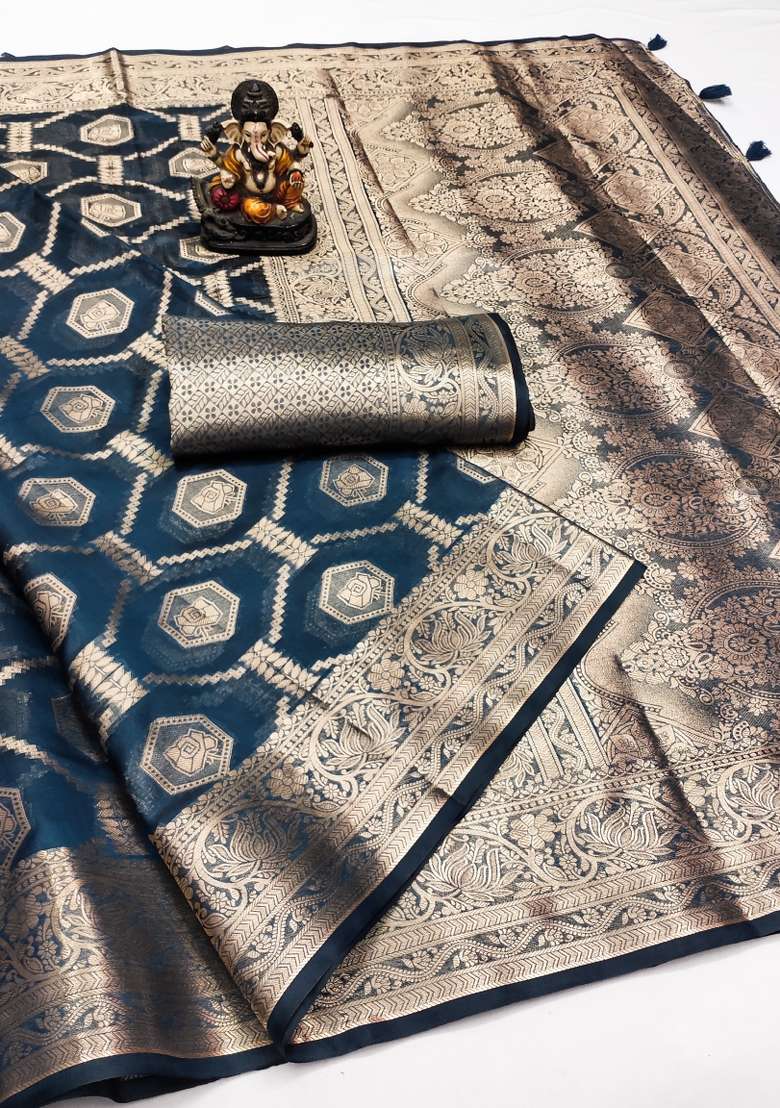 Navy Embroidery Silk Saree Set - Indya
