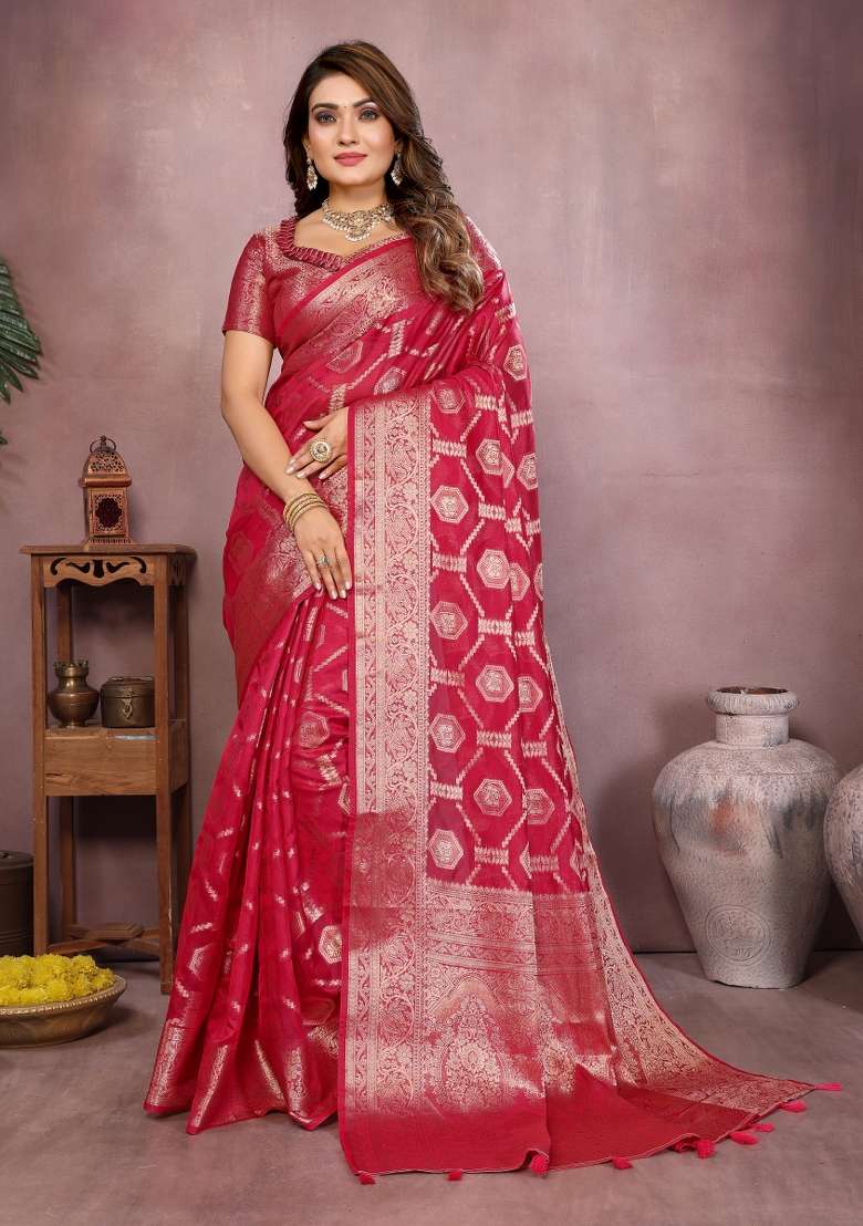 Red Embroidery Silk Saree Set - Indya