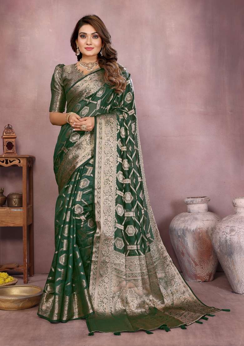 Green Embroidery Silk Saree Set - Indya