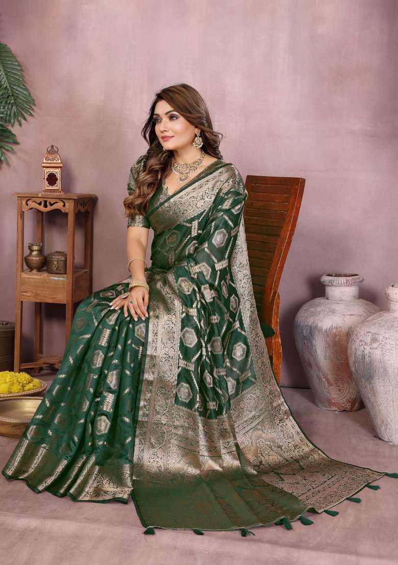 Green Embroidery Silk Saree Set - Indya