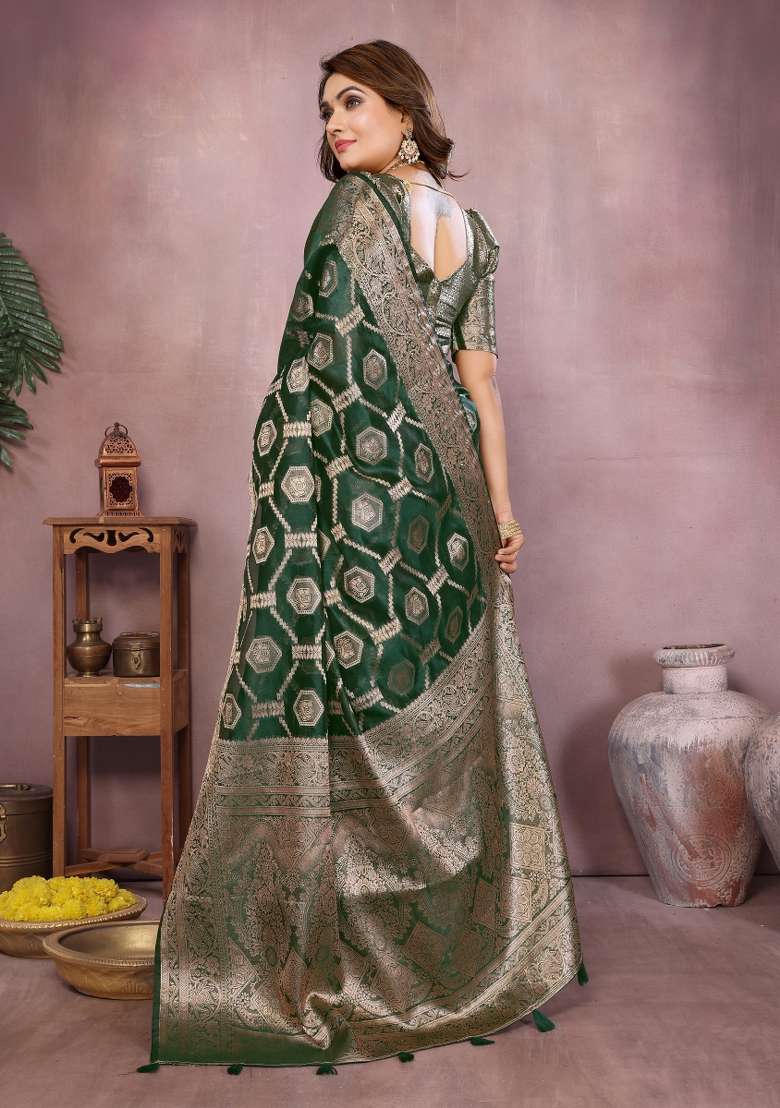 Green Embroidery Silk Saree Set - Indya