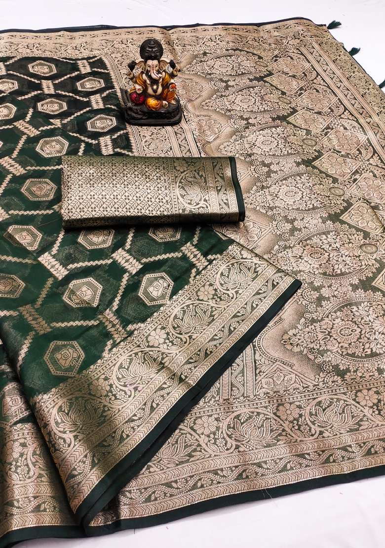 Green Embroidery Silk Saree Set - Indya
